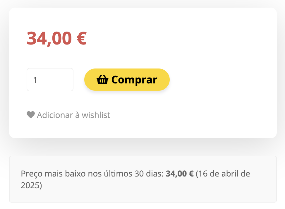 exemplo de Histórico de preço , valor a encarnado à esquerda e botão amarelo 