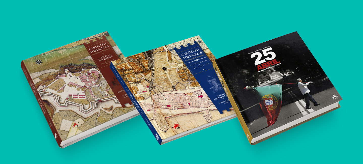 Capas dos 3 livros Castelos e Fortalezas da Raia Luso-Espanhola, Castelos e Fortalezas no Litoral Português e 25 de Abril - 50 Anos de Democracia.