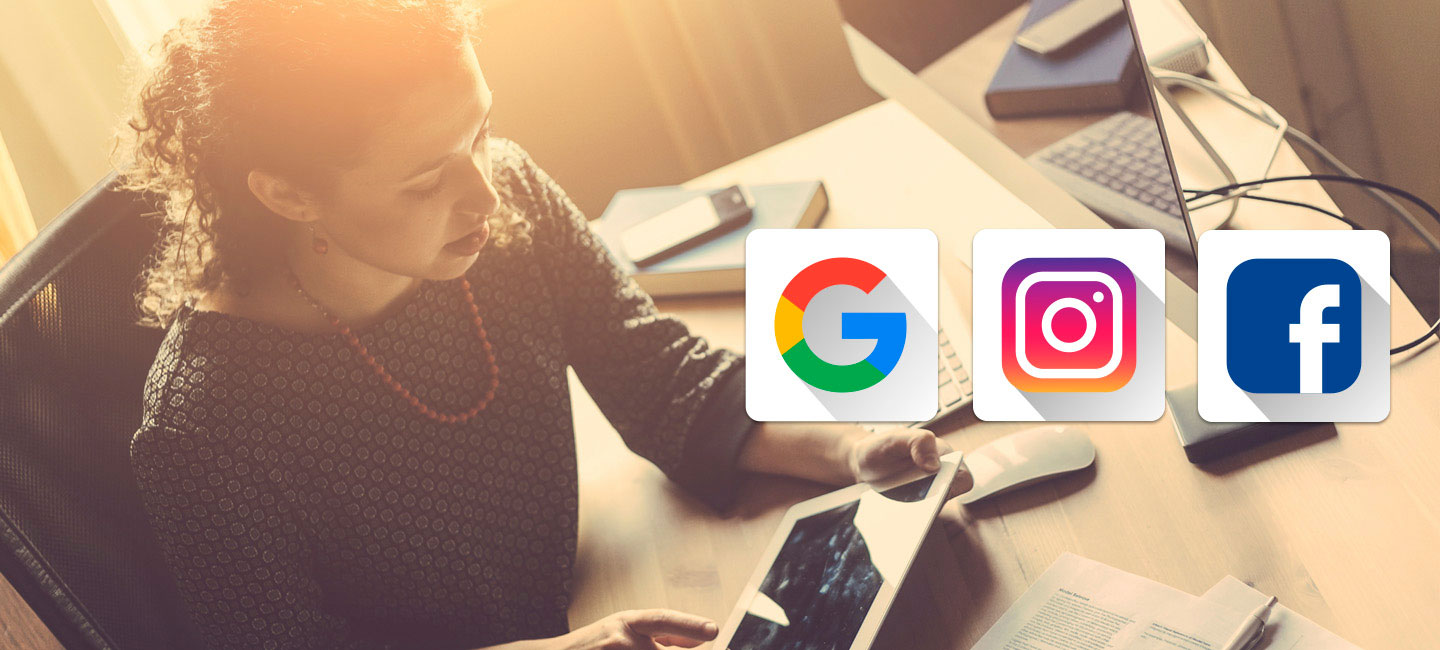 Ícones do Facebook, do Google e do Instagram