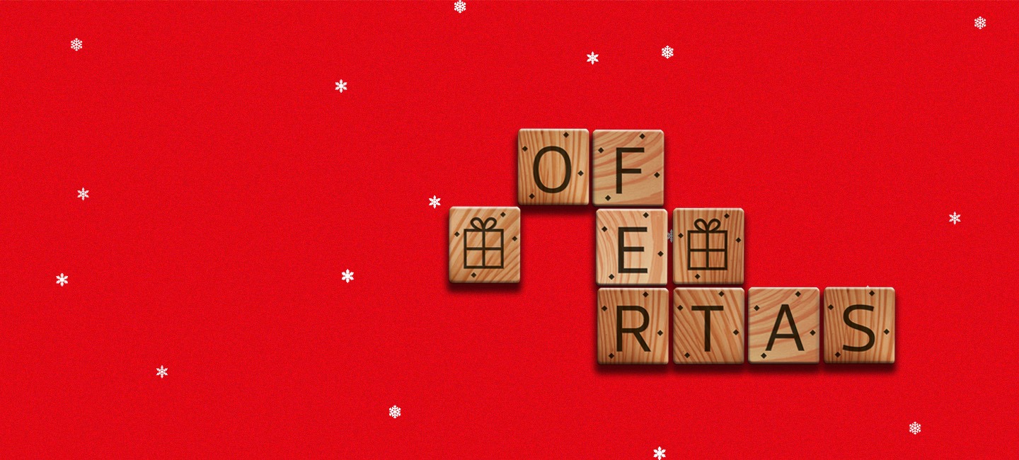 peças de jogo com a palavra ofertas sobre fundo natalicio