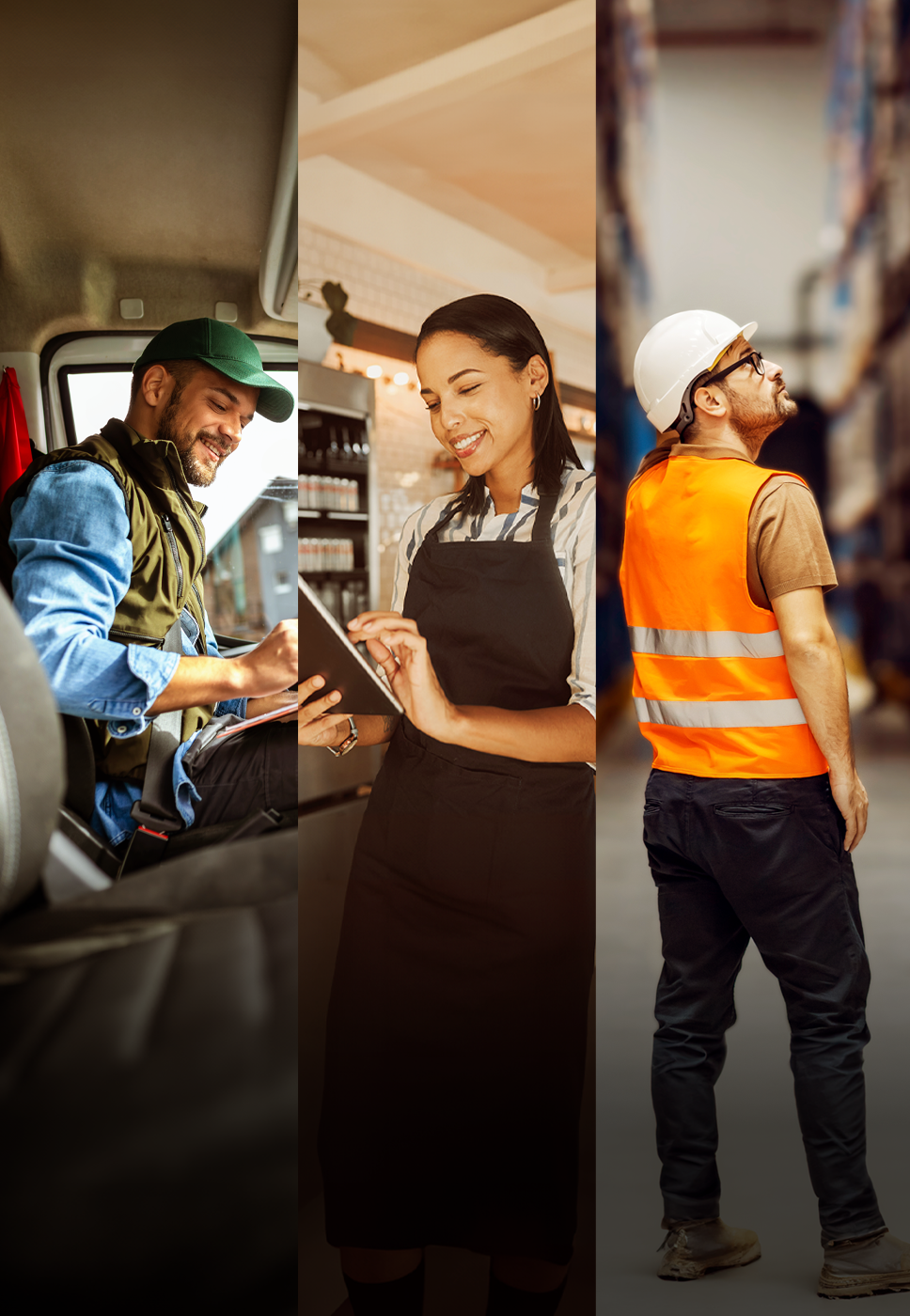 3 indivíduos que representam 3 profissões diferentes: camionista, lojista e engenheiro
