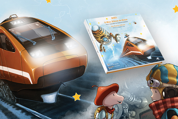 Imagem de um comboio futurista laranja, e duas personagens que conversam. Em cima aparece a capa do livre O Meu Álbum de Selos 2021.