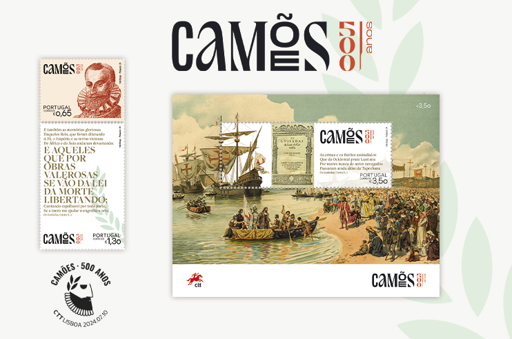 Conjunto de selos comemorativos do poeta português Luís de Camões. Um retrato de Luís de camões e um retrato de  ilustração histórica que representa uma cena marítima com navios e pessoas na praia.