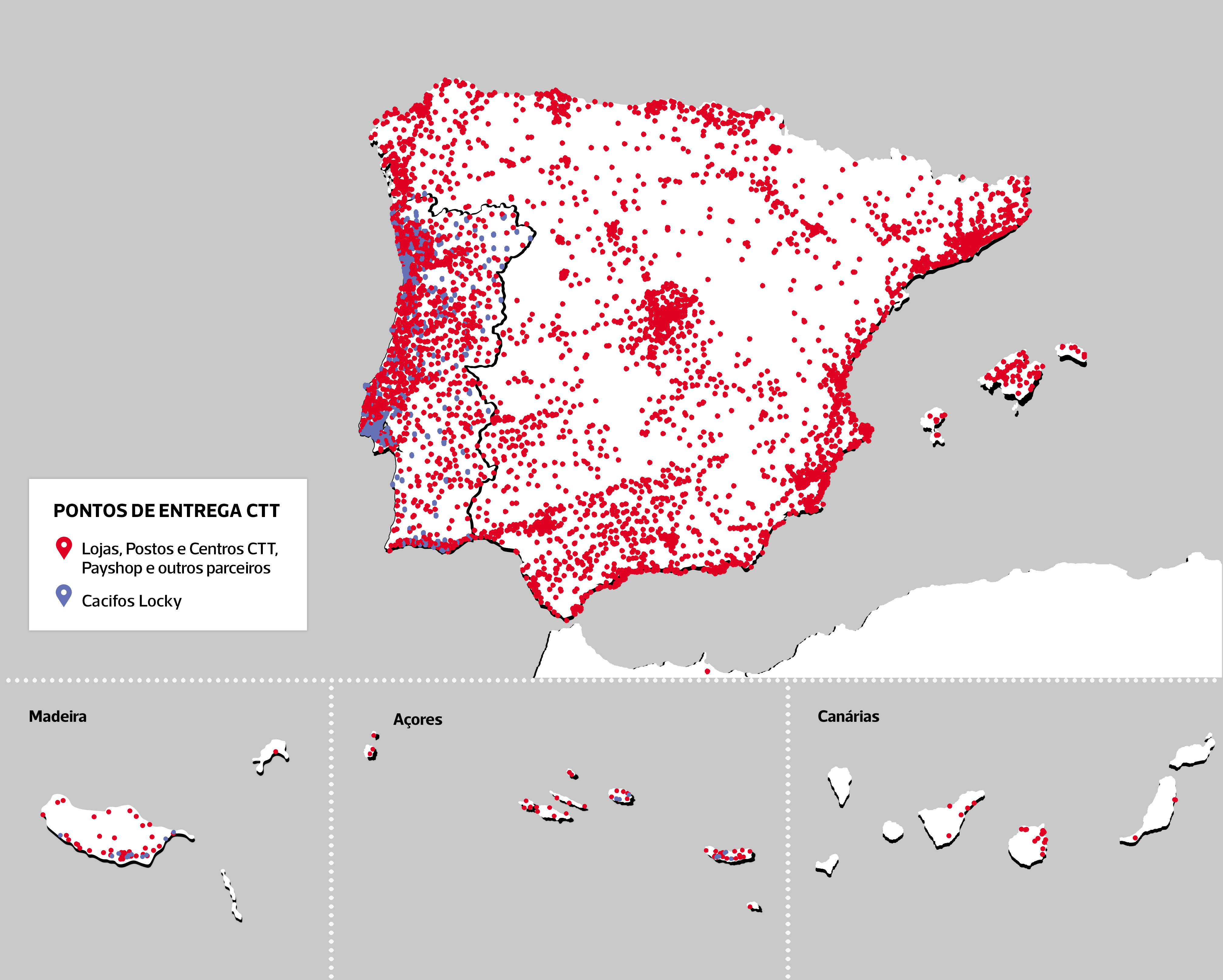Mapa de Portugal e Espanha, com todos os pontos de entrega CTT que existem.
