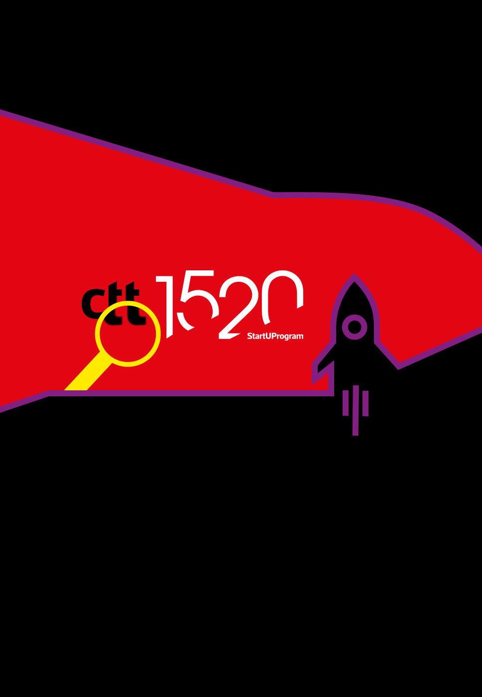 Fundo vermelho, com um ícone de um foguetão no lado direito e no centro da imagem tem um texto 