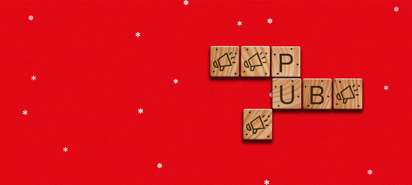 peças de jogo com letras pub sobre fundo natalicio
