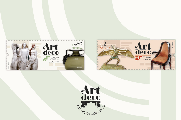 Selos Art Déco com esculturas. Mostra a parceria com a Coleção Berardo e com a Calouste Gulbenkian.