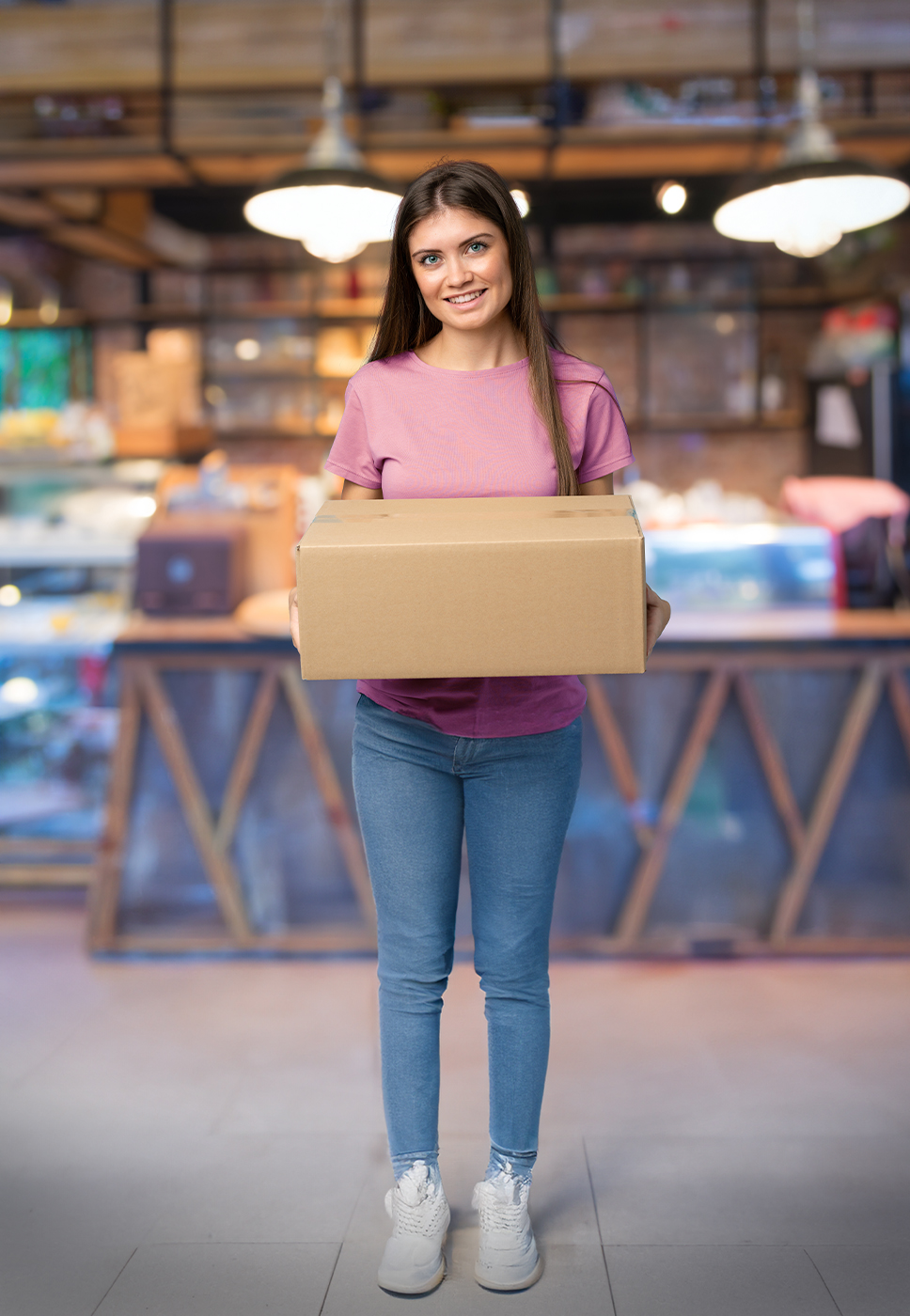 Rapariga com uma encomenda nas mãos.