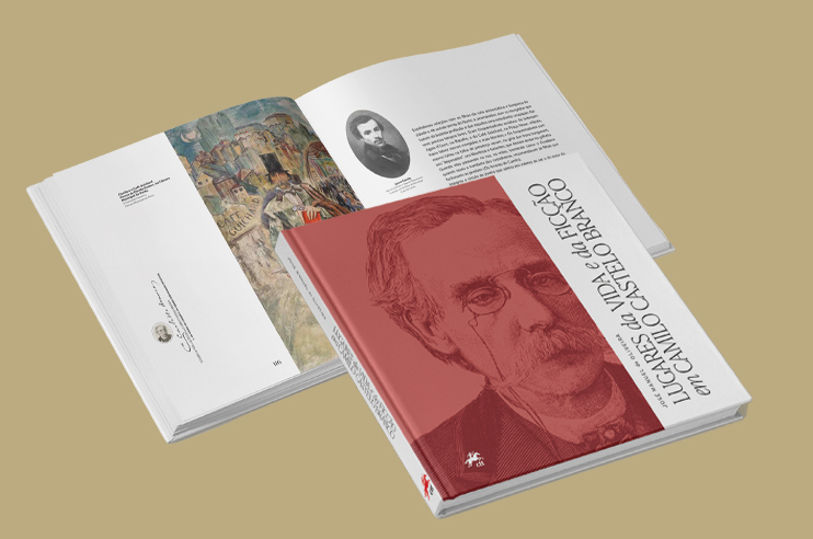 livro aberto com capa por cima - com rosto de Camilo Castelo Branco
