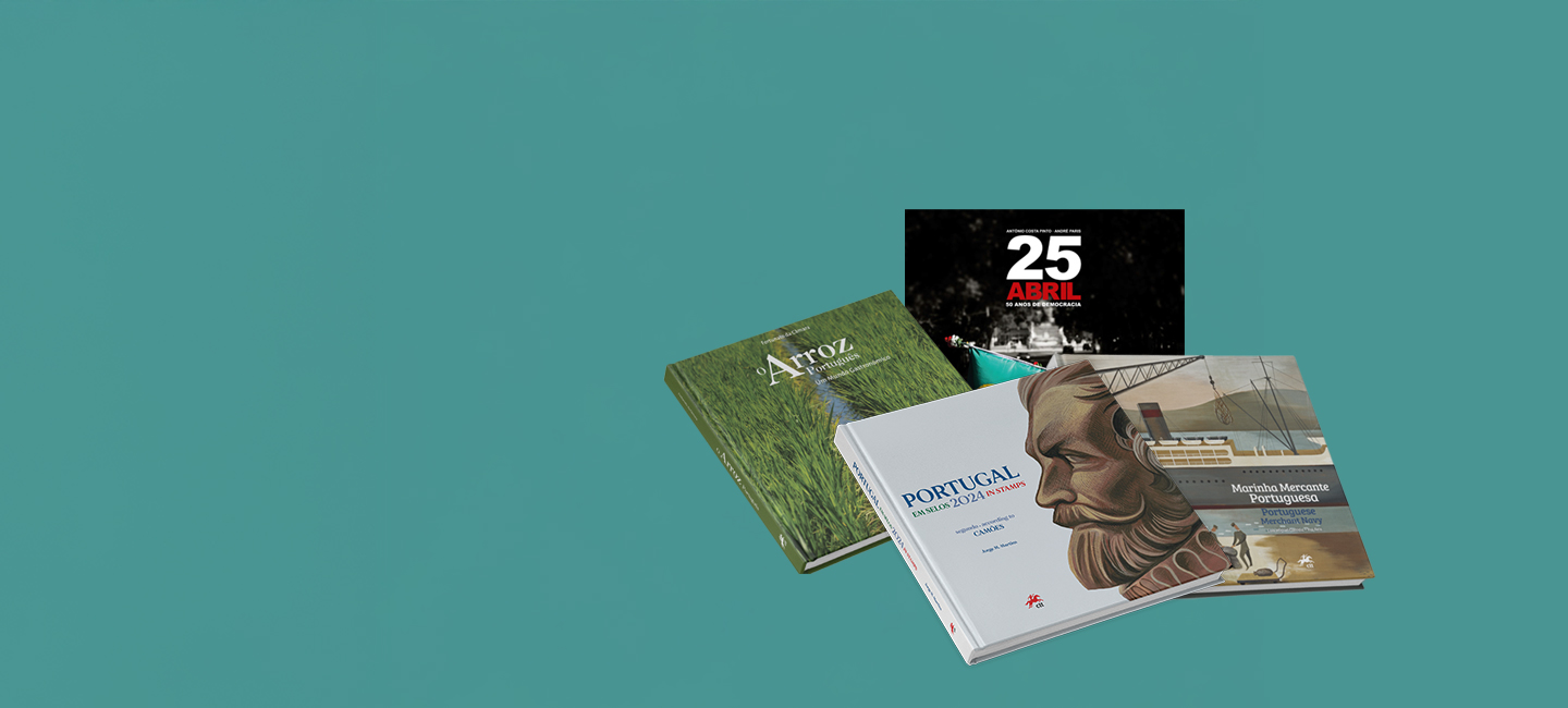 Quatro livros dispostos de forma sobreposta sobre um fundo azul-petróleo.