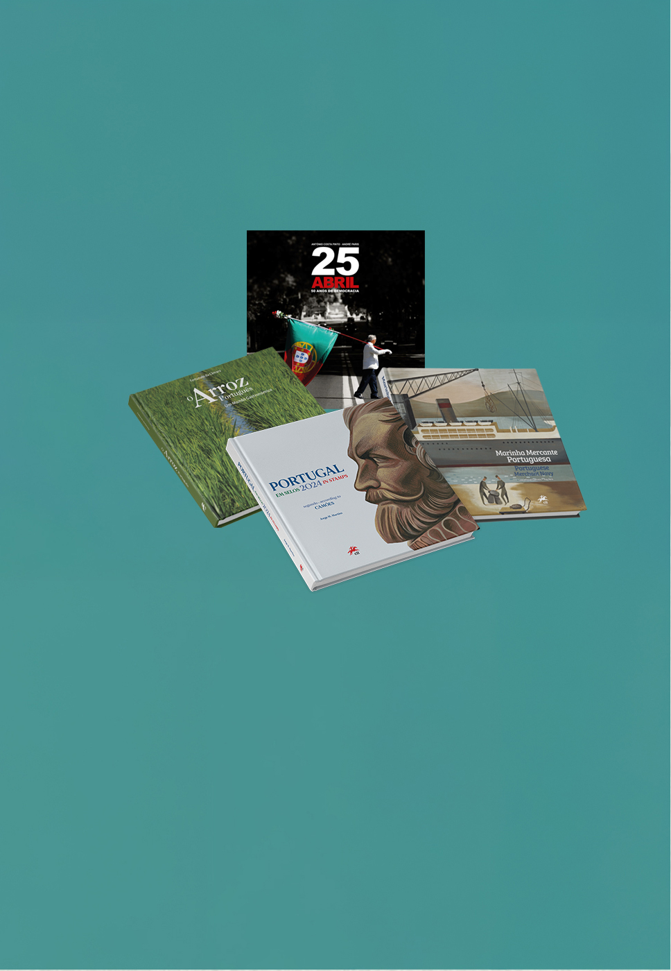 Quatro livros dispostos de forma sobreposta sobre um fundo azul-petróleo.