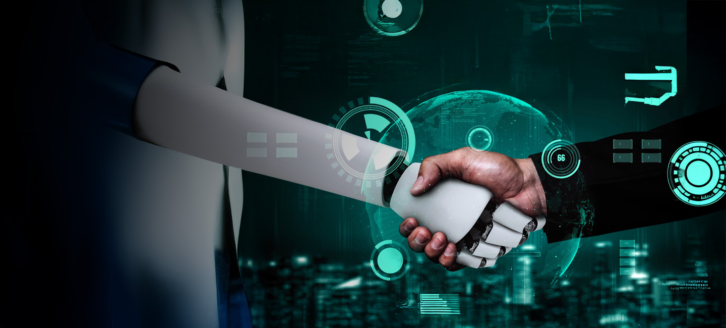 Um aperto de mão entre uma mão humana e um robot com IA