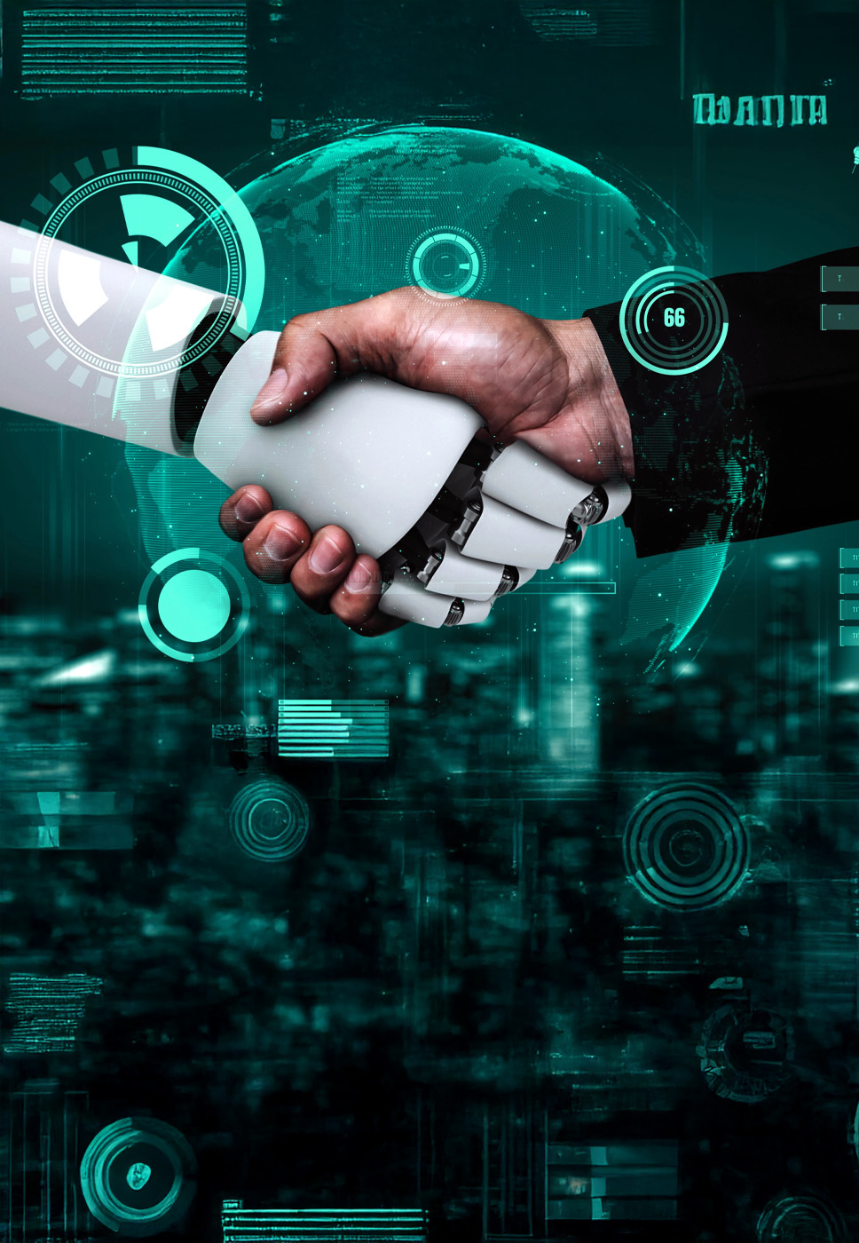 Um aperto de mão entre uma mão humana e um robot com IA