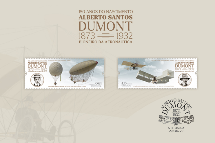 Selos da emissão dos 150 anos de Alberto Santos–Dumont