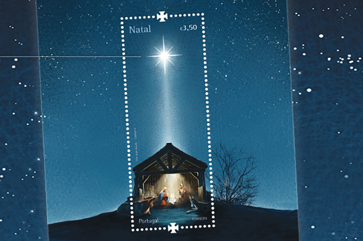 Selo de Natal com retrato de Maria, José e Jesus sob uma estrela, com valor de 3,50€.