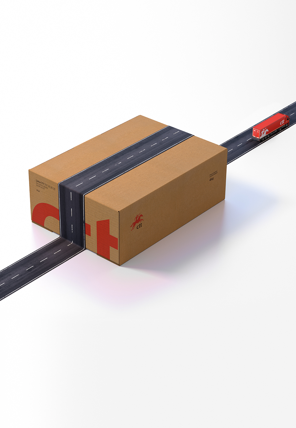 Caixa com estrada pintada e camião de vermelho a sugerir movimento e entrega.