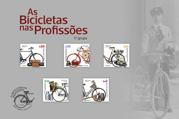 5 selos de bicicletas utilizadas nas profissões - Bicicleta do carteiro, bicicleta do Bombeiro, Bicicleta do amolador, bicicleta do agricultor, bicicleta  do leiteiro