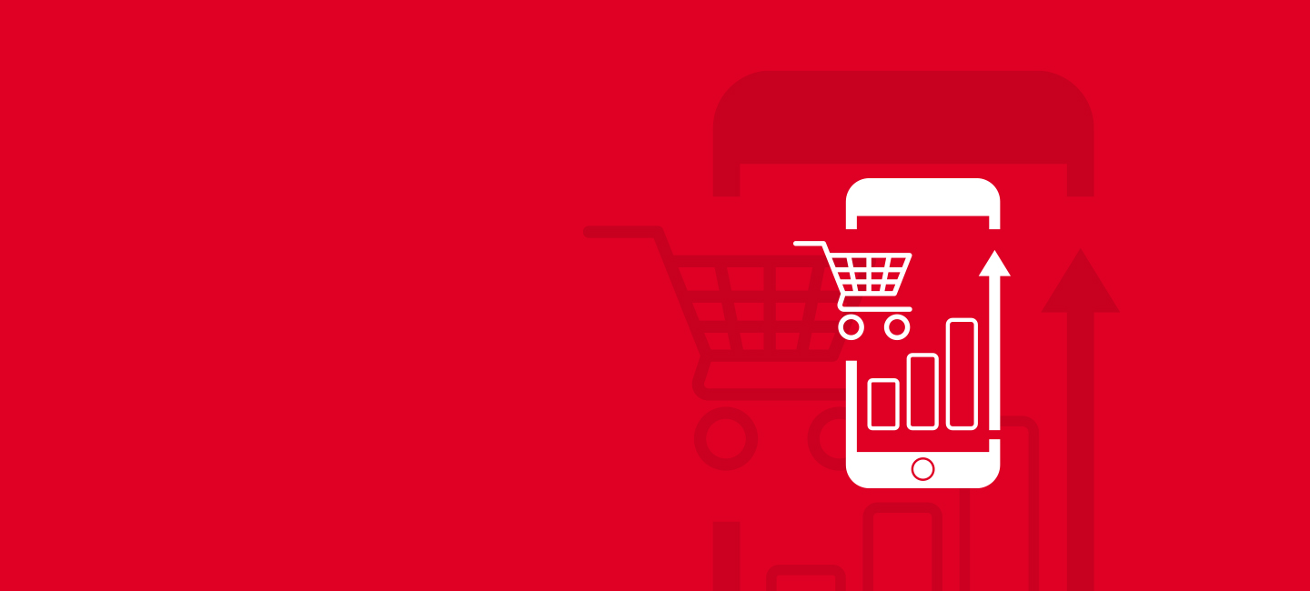 Imagem com fundo encarnado com um símbolo de telemóvel e carrinho de compras