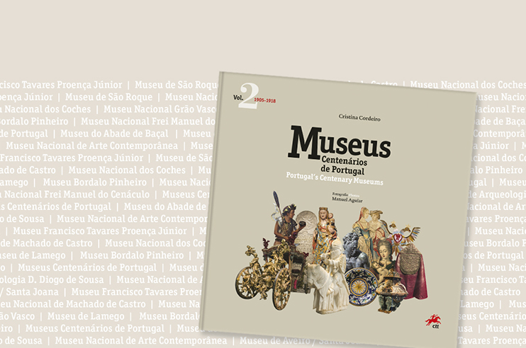 Capa do livro “Museus Centenários de Portugal” com artefatos históricos e nomes de museus no fundo.