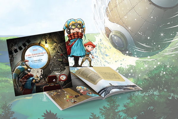 Imagem com nave ao fundo, duas personagens aventureiras, e dois livros.