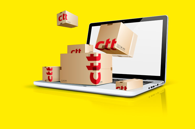 fundo amarelo e um computador de onde vão saindo do ecran  encomendas com logo CTT