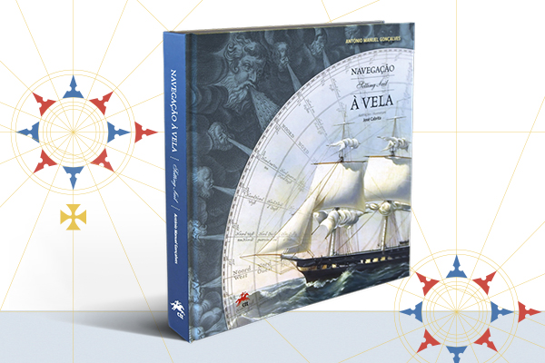 Capa do livro “NAVEGAÇÃO À VELA” com ilustração de navio à vela no mar, cartas náuticas e figuras históricas.